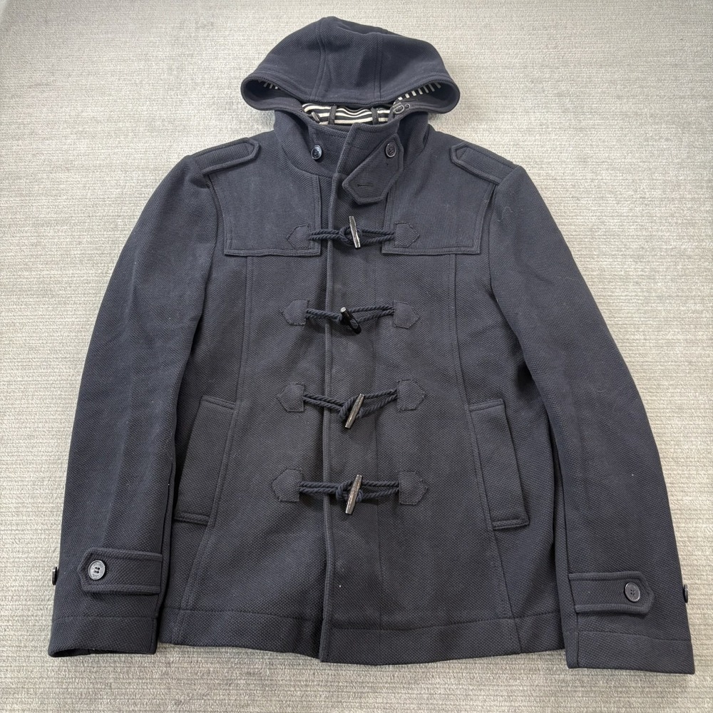Zara Man Hooded Toggle Duffel Coat Mens XL Navy Blue Twill Full Zip Slim Fit